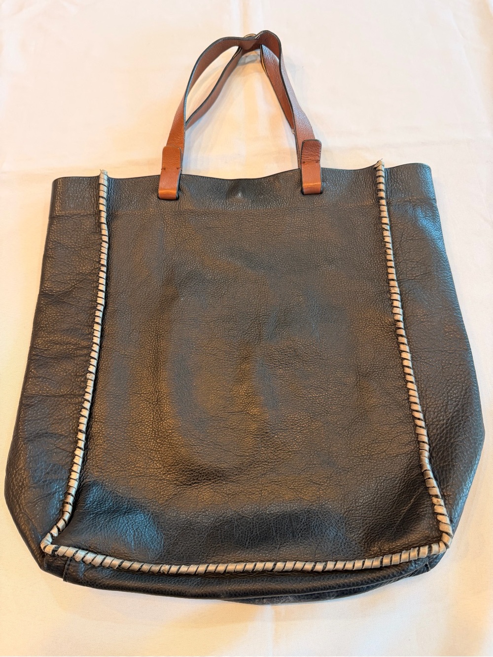 Lucky Brand Black Leather Silver Whipstitch with Brown Handles Large Tote